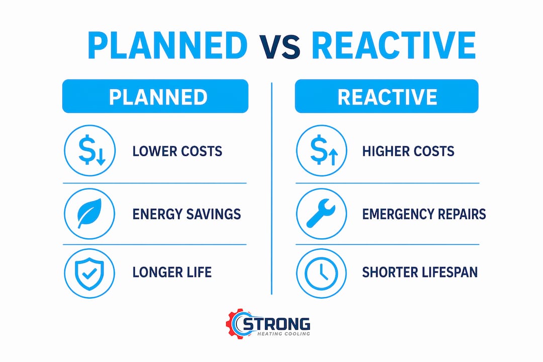 Infographic comparing planned HVAC maintenance vs reactive repairs