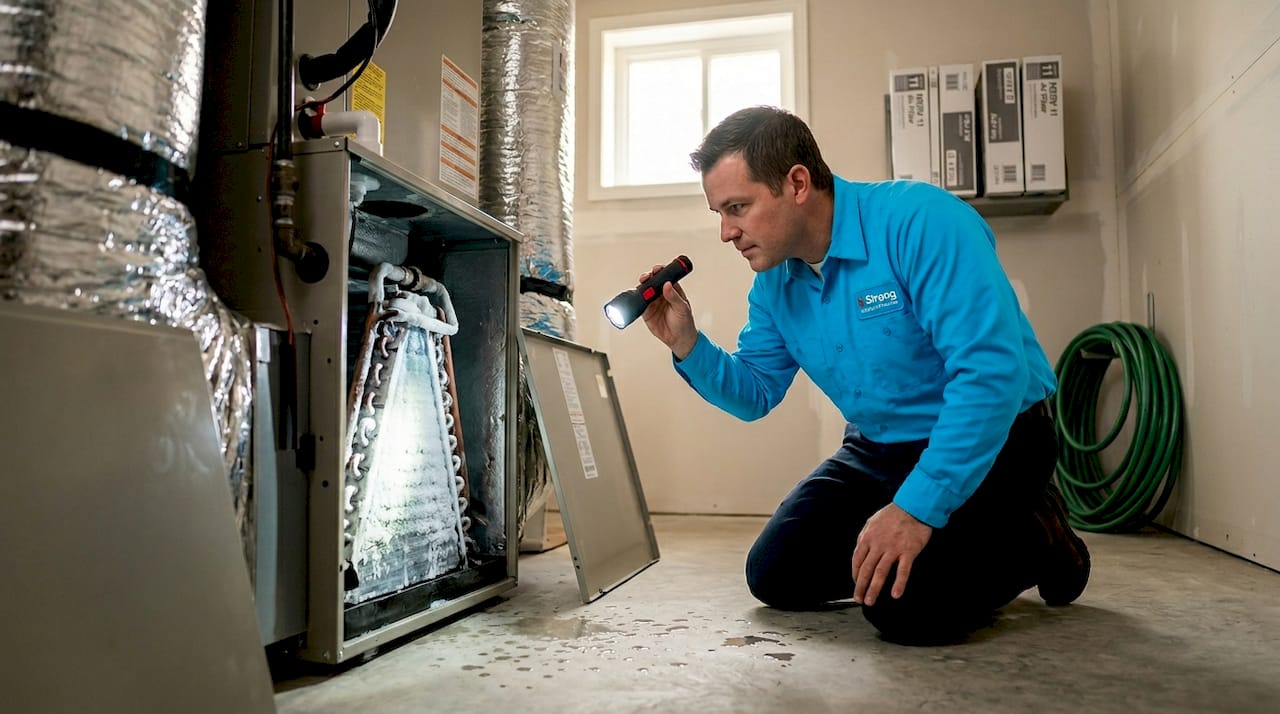 Technician inspecting frozen indoor HVAC coil