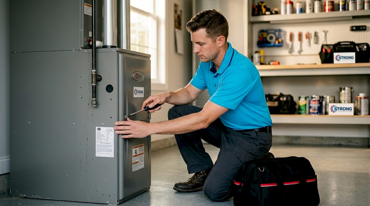 Technician servicing HVAC unit in basement