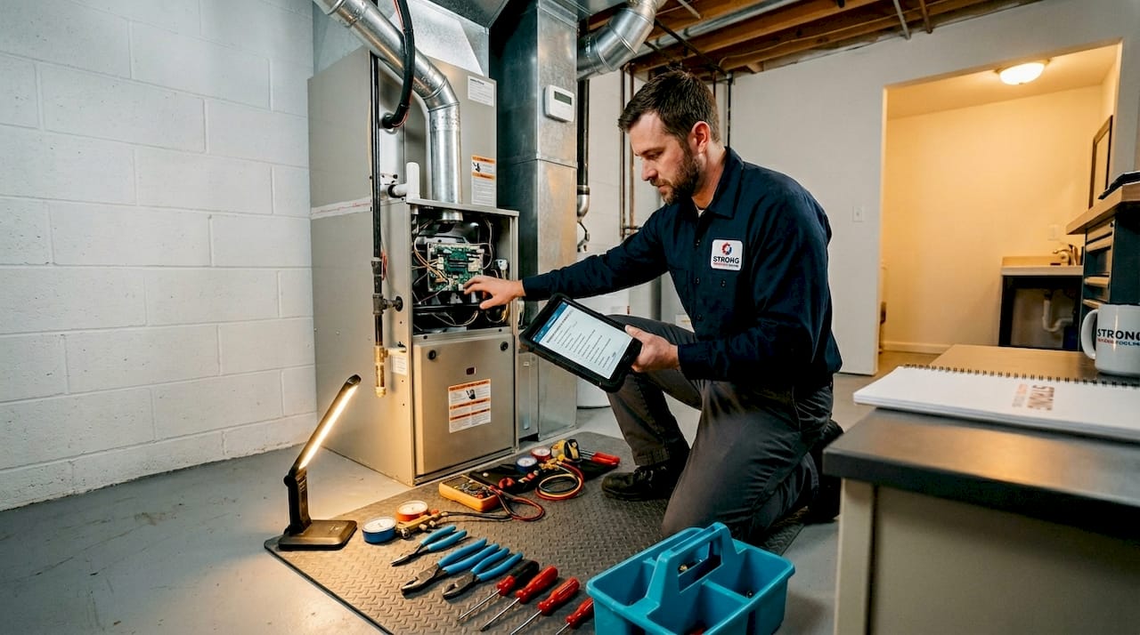Licensed HVAC technician performing furnace inspection
