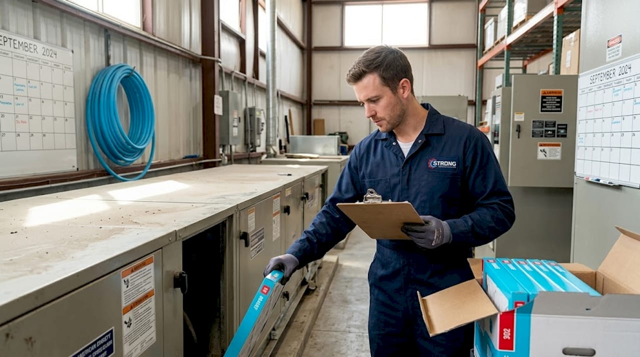 Technician replacing filter during HVAC maintenance