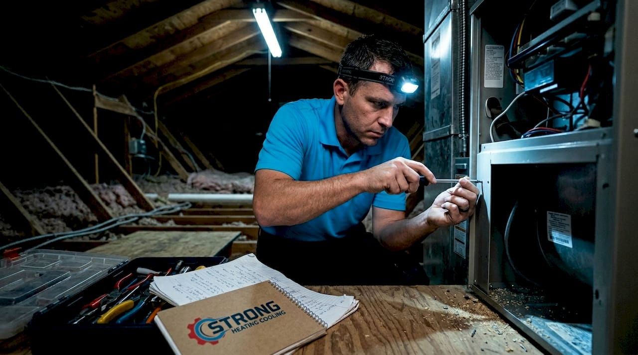 Technician performing emergency HVAC repair in basement