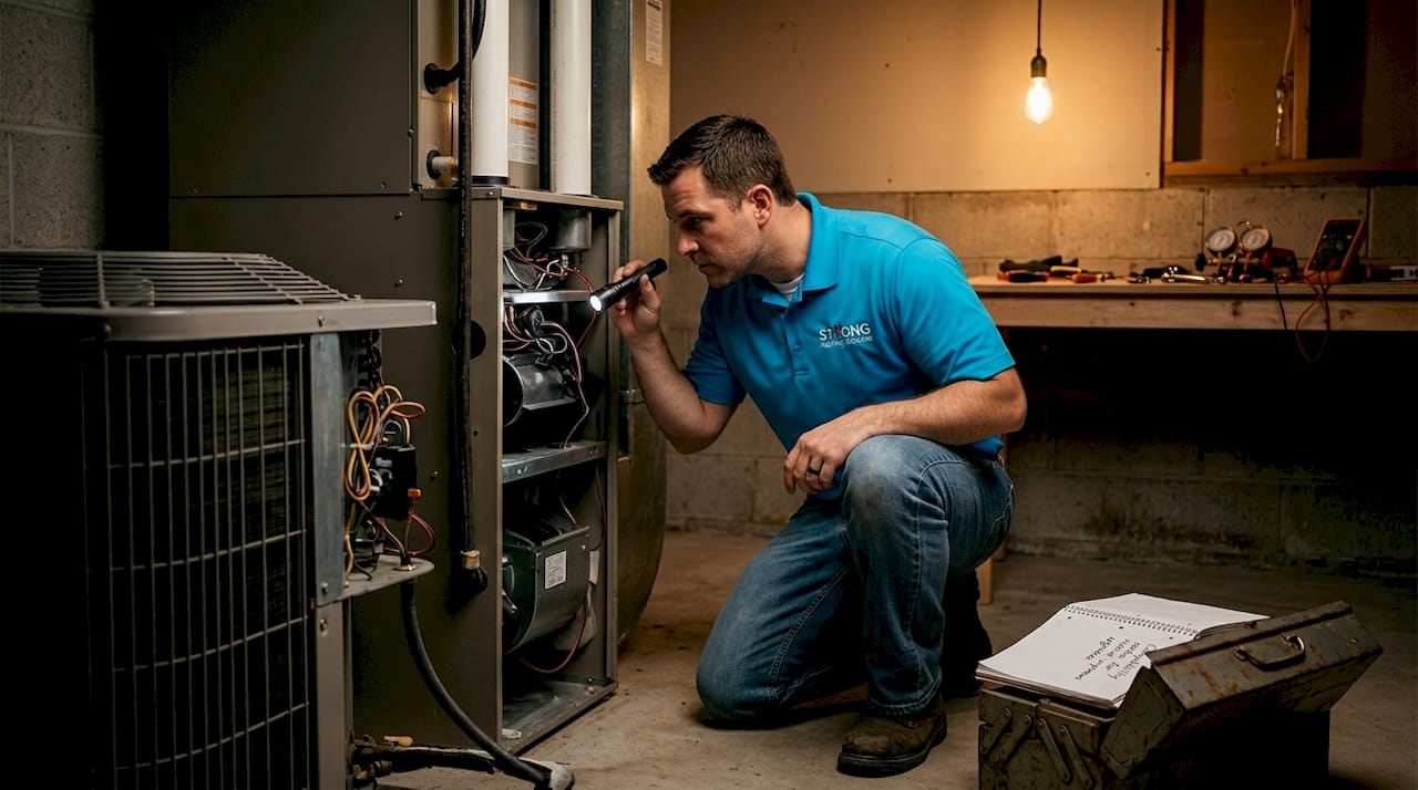 HVAC technician inspecting furnace and AC compatibility