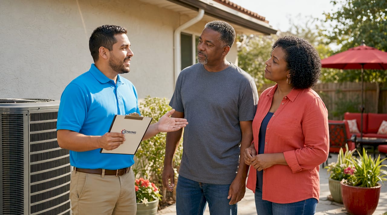 Contractor explaining HVAC rebates to homeowners