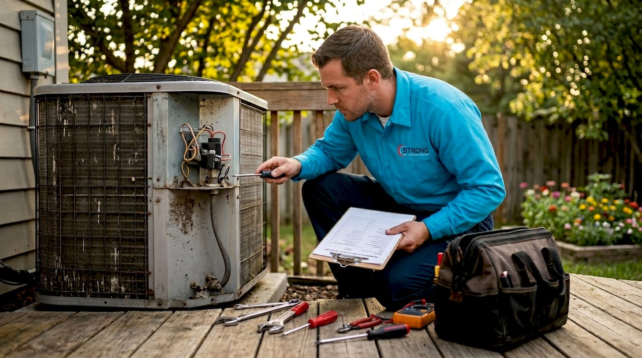 Technician inspects home air conditioning unit