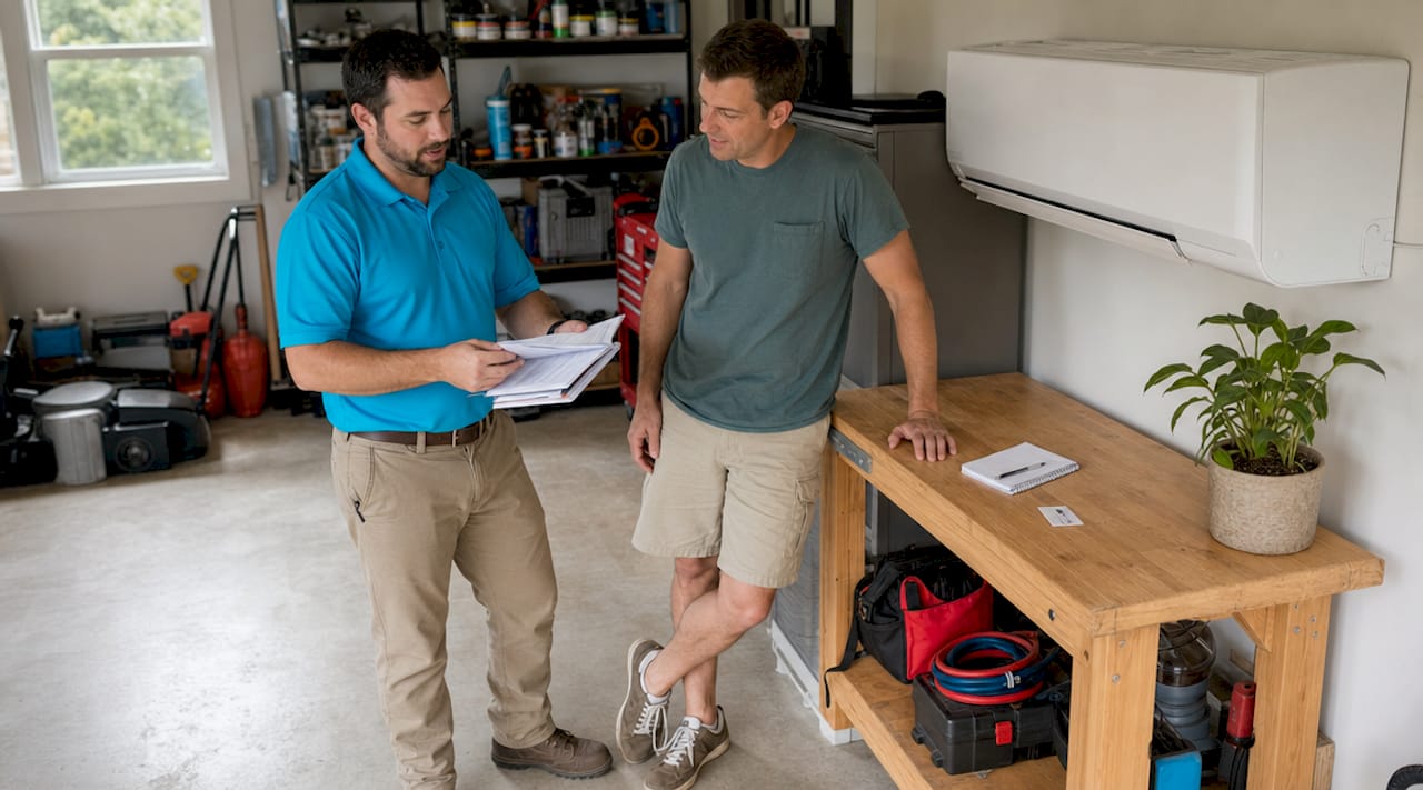 HVAC technician explaining warranty details to homeowner
