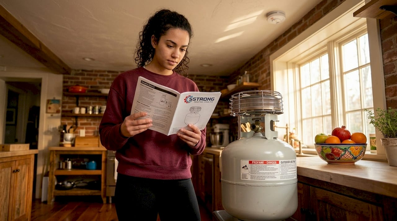 Reading instructions for propane heater in kitchen