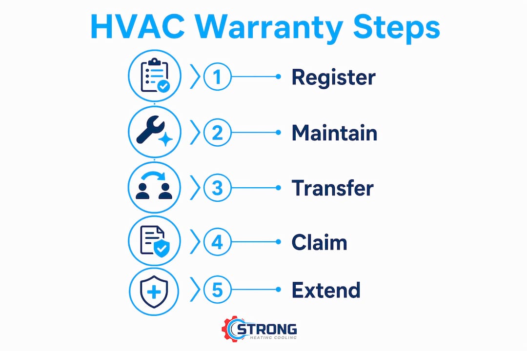 Infographic illustrating key HVAC warranty steps and actions
