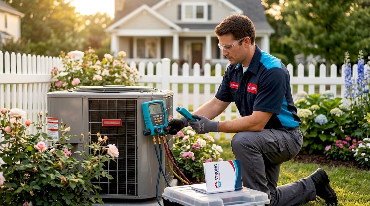 Technician inspecting outdoor HVAC system