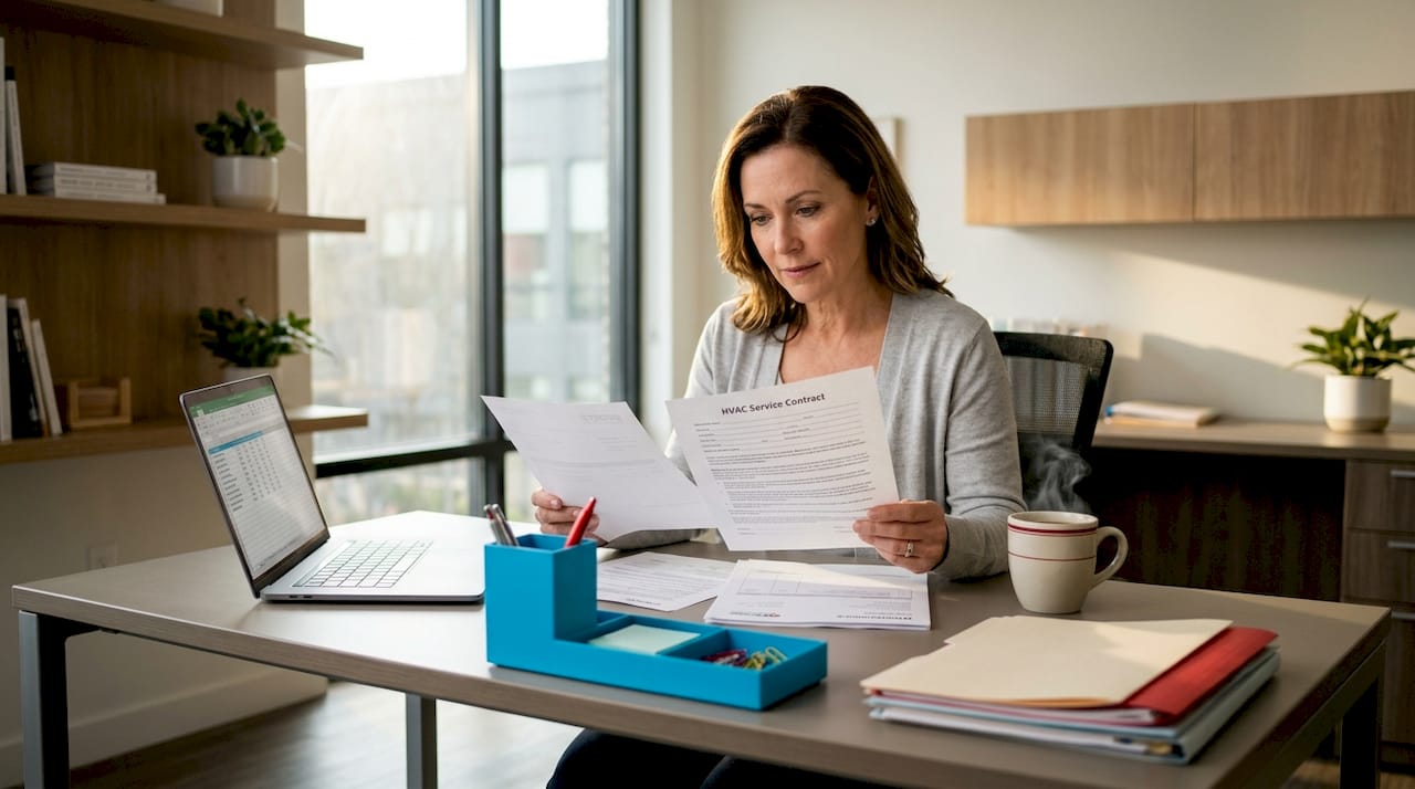 Property manager reviews service contract at office table