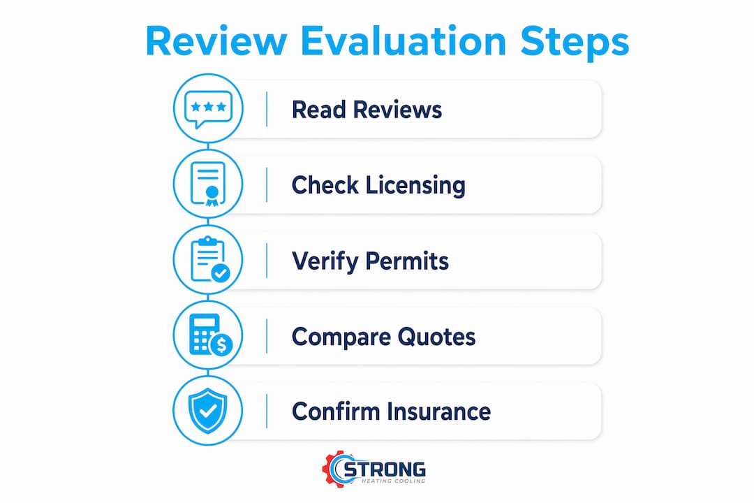 Infographic outlining steps to evaluate HVAC contractor reviews