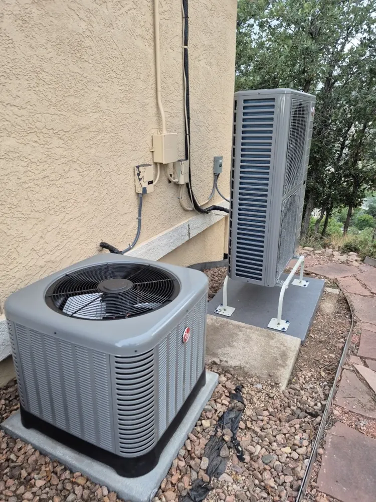 New Rheem AC condenser on a fresh pad