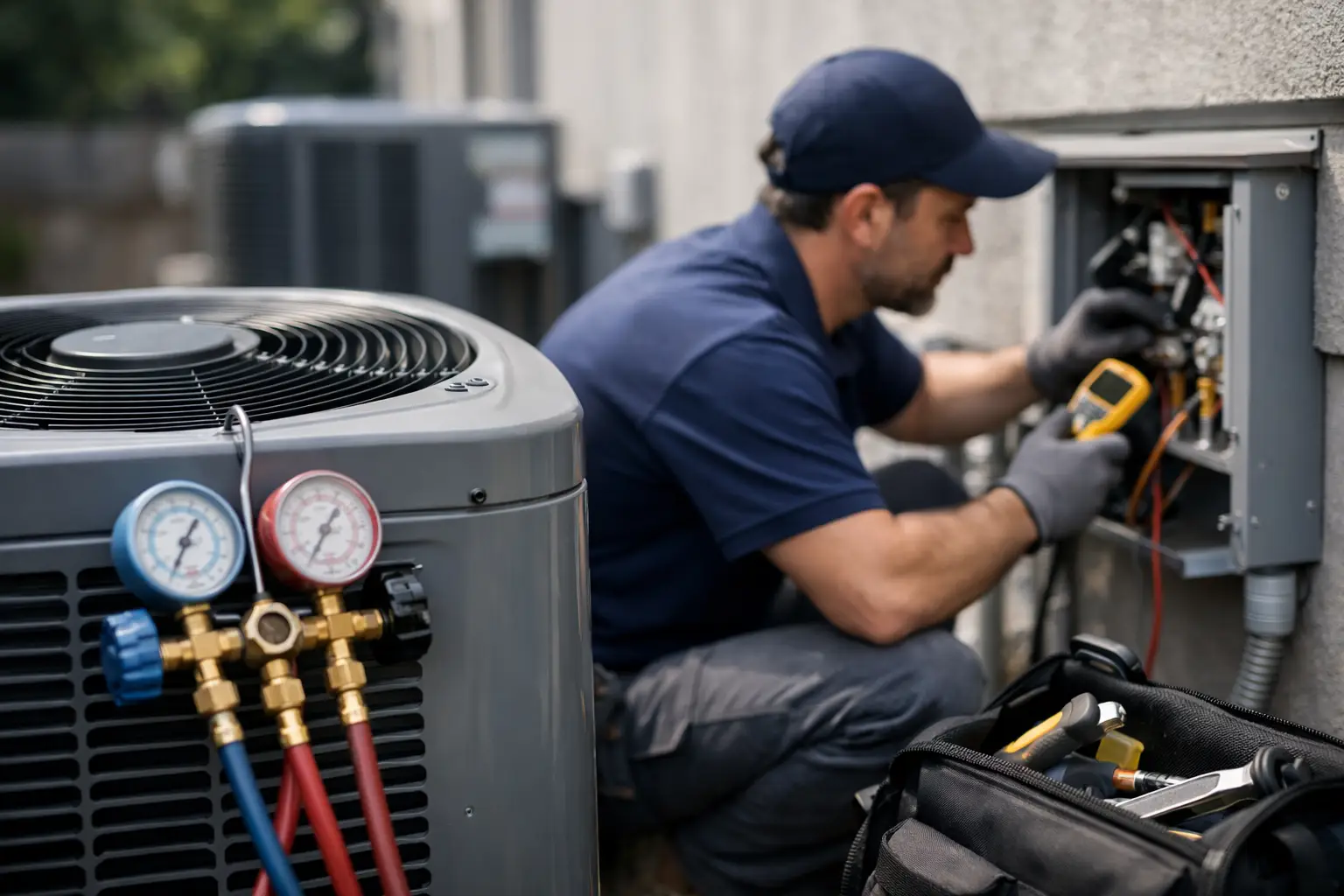 Ac Upkeep That Prevents Costly Breakdowns 4 Technician Servicing Air Conditioning Unit.