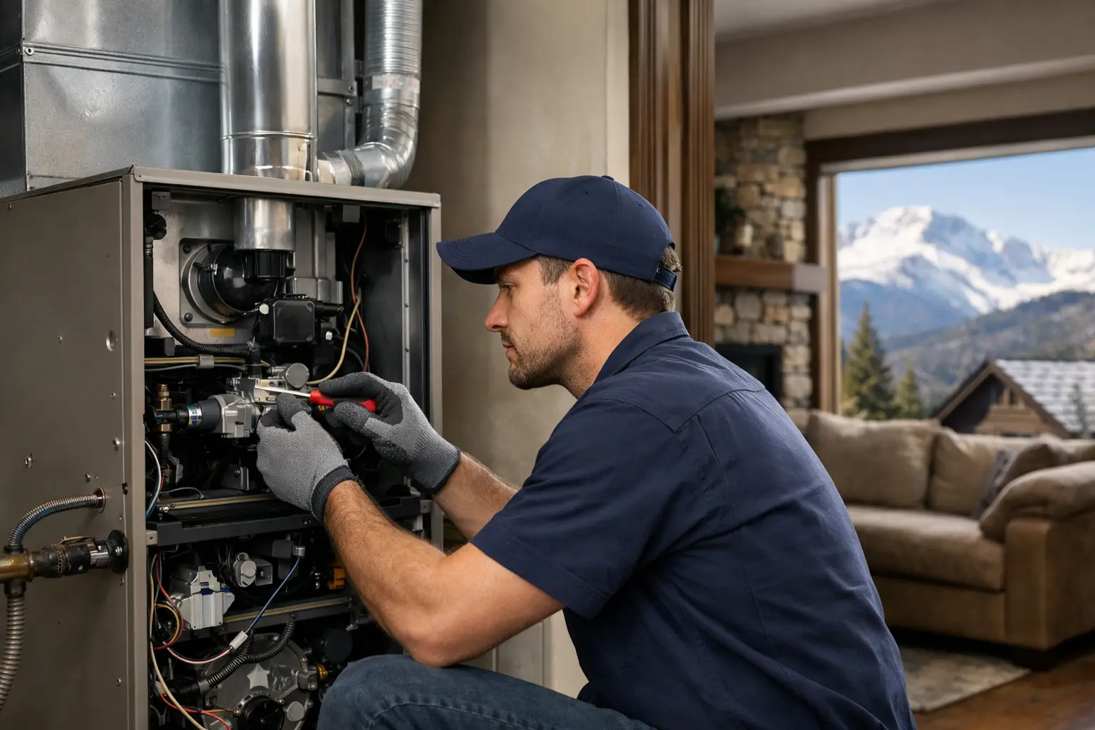 Furnace Install Colorado Springs Homeowners Need 2 Technician Repairing A Furnace Indoors.