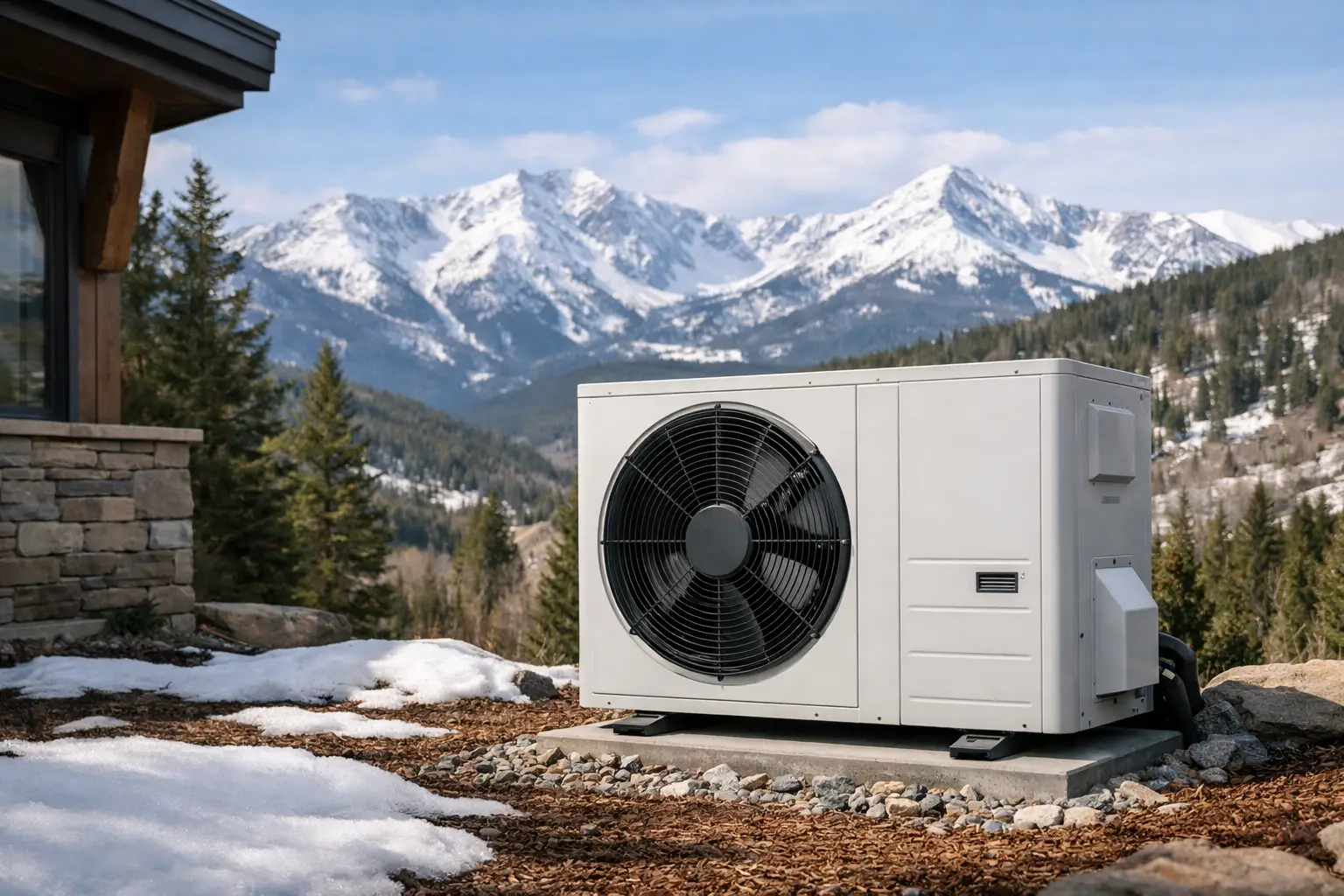 Is A Heat Pump Worth It In Colorado? 2 Heat Pump With Snowy Mountain Backdrop
