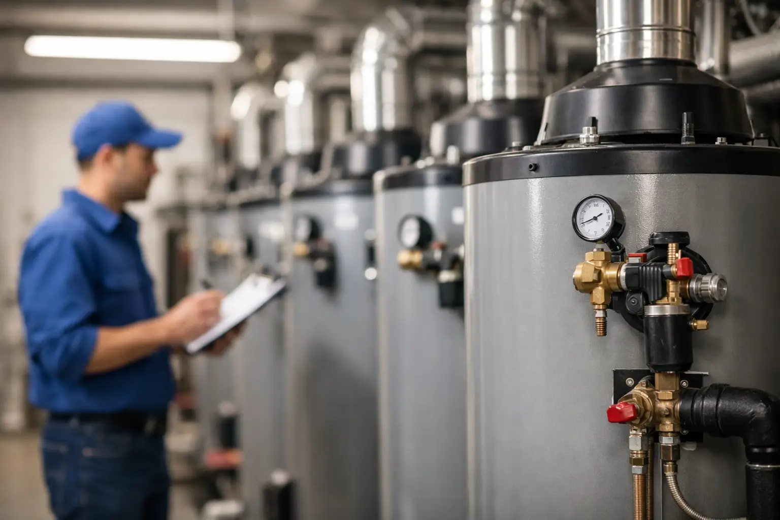 When To Plan A Commercial Water Heater Replacement 1 Technician Inspecting Commercial Water Heaters.
