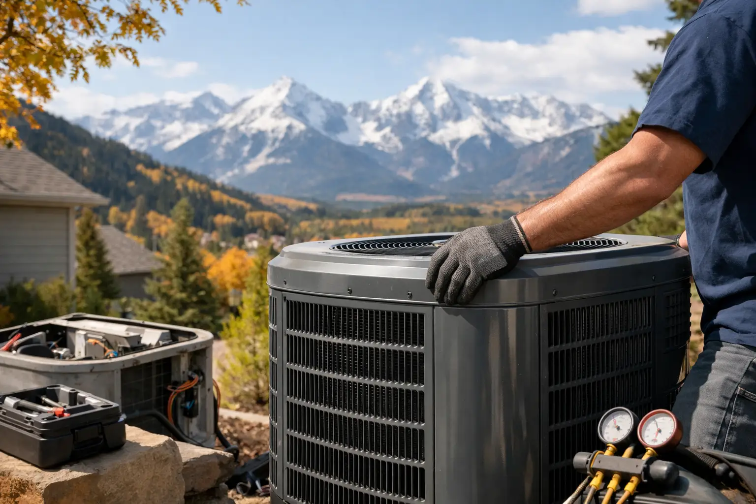Best Time To Replace Ac Unit In Colorado 2 Technician Servicing Ac Unit Outdoors