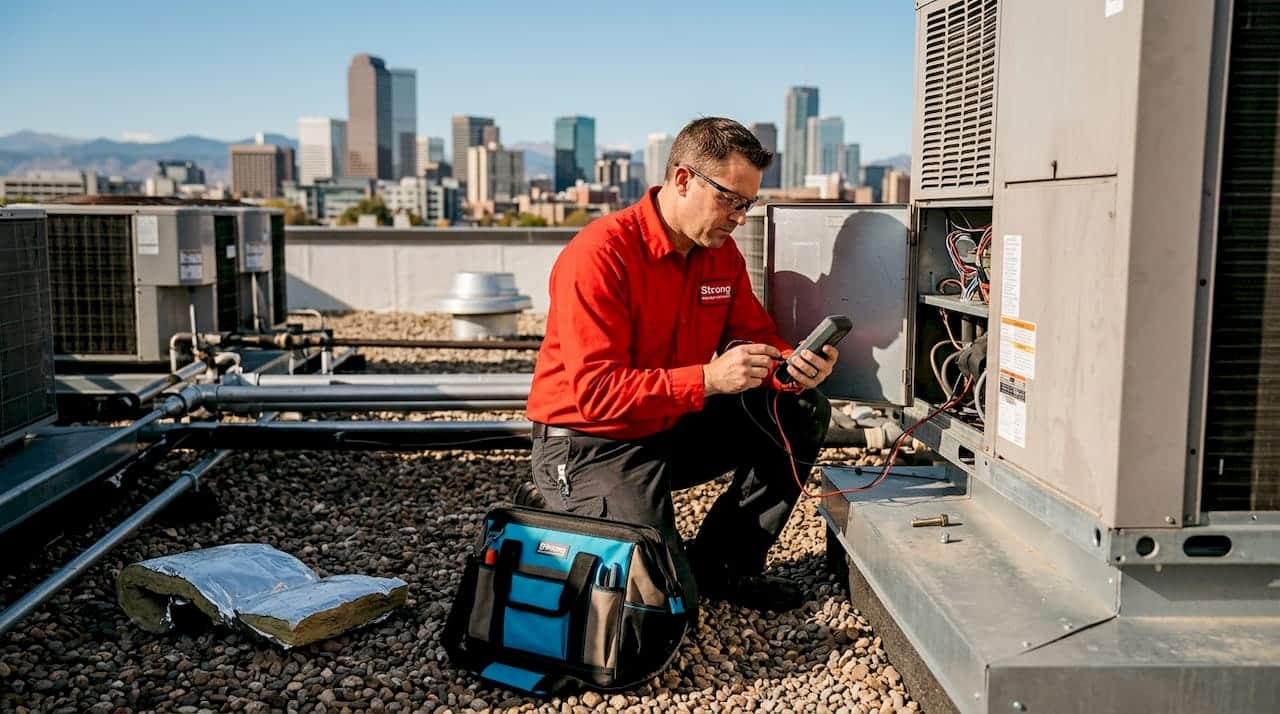 Technician Inspecting Commercial Rooftop Hvac Unit