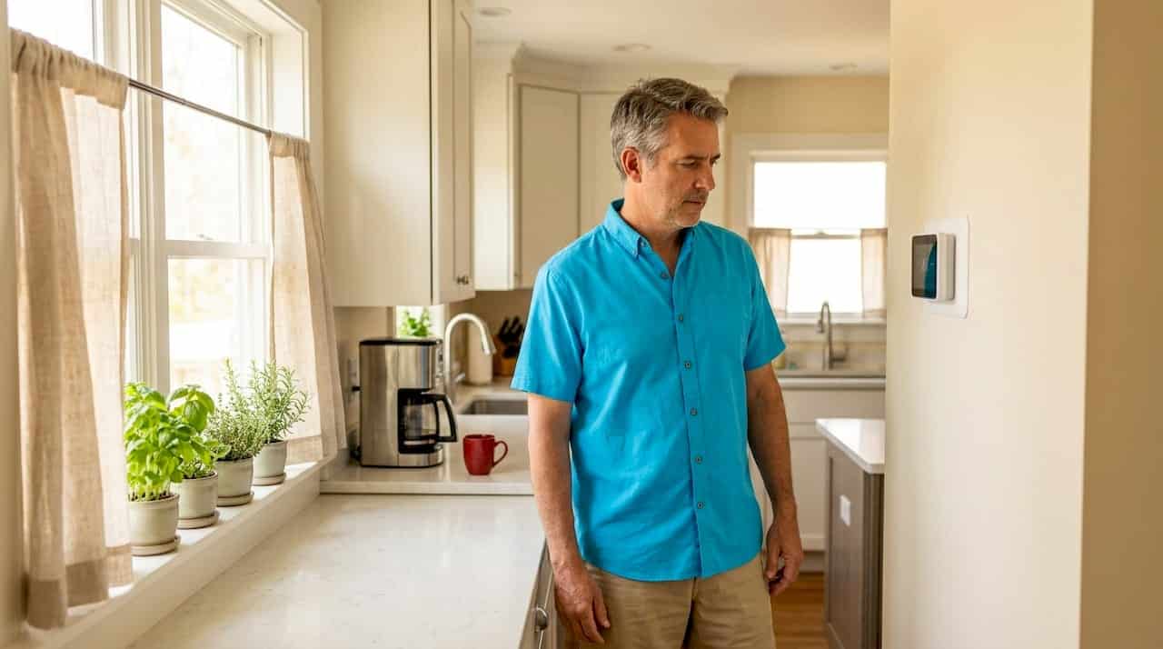 Homeowner Adjusting Digital Thermostat In Hallway