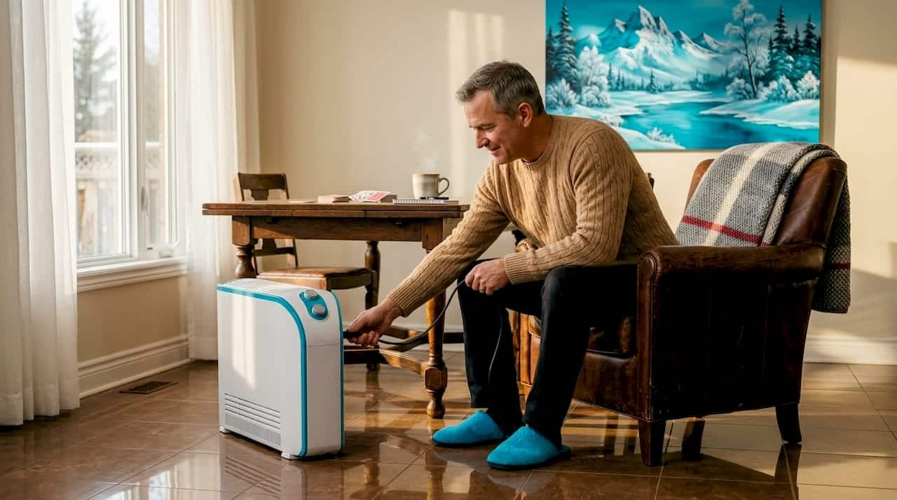 Homeowner Setting Up Space Heater In Living Room